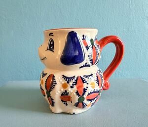 Yokohama Studio Dog Mug Anthropologie Folk Floral Cobalt Orange Puppy Cup 16 oz